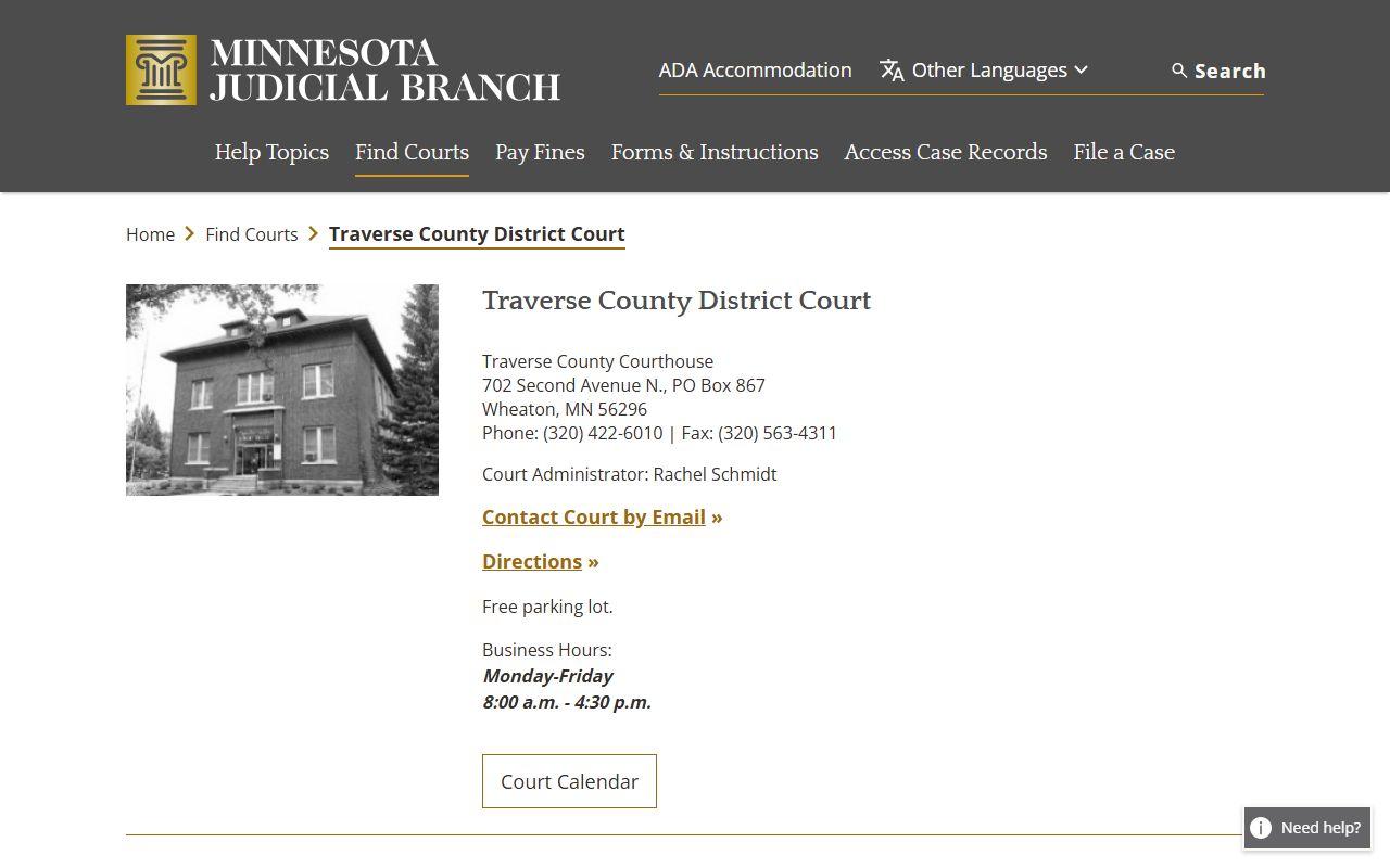 Traverse County District Court website showing case records access and court information in Wheaton Minnesota