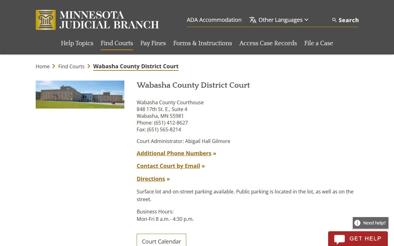 Wabasha County District Court website showing case records access and court information in Wabasha Minnesota