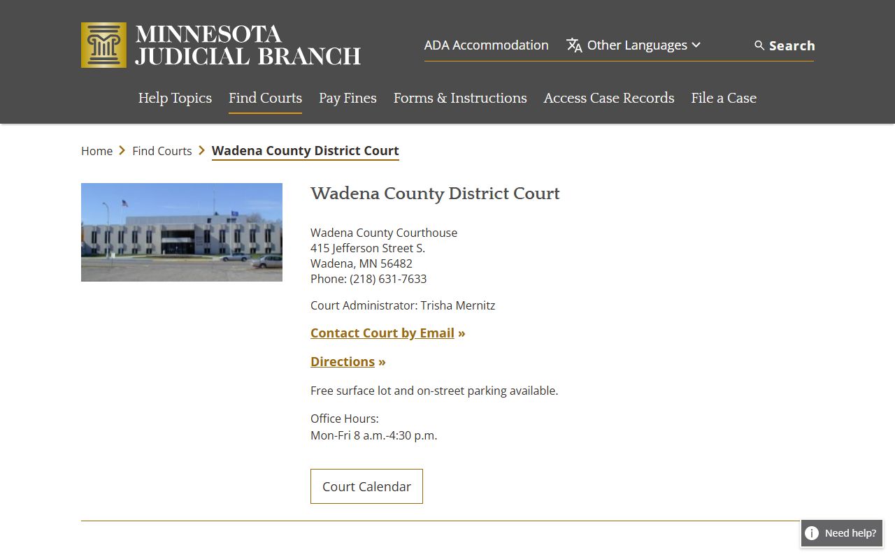Wadena County District Court website showing case records access and court information in Wadena Minnesota