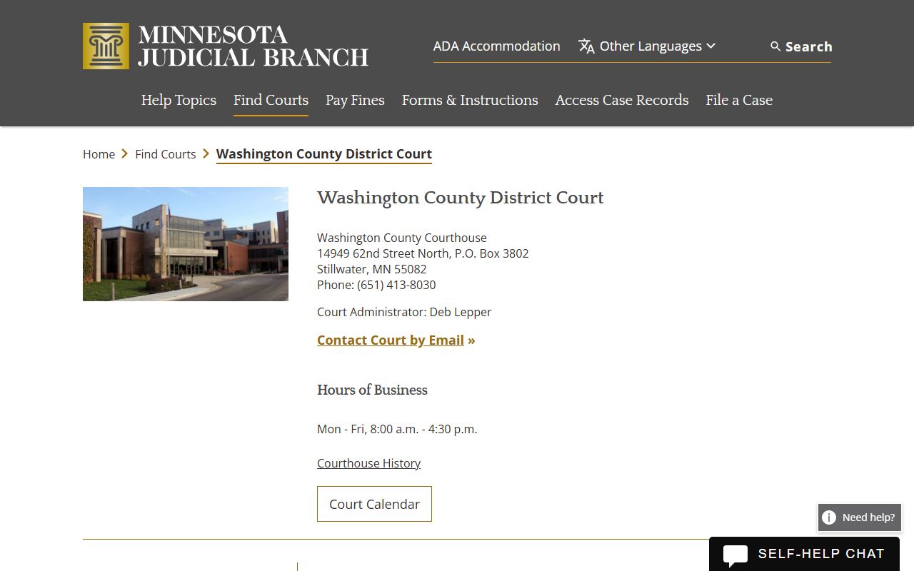 Washington County District Court page on mncourts.gov