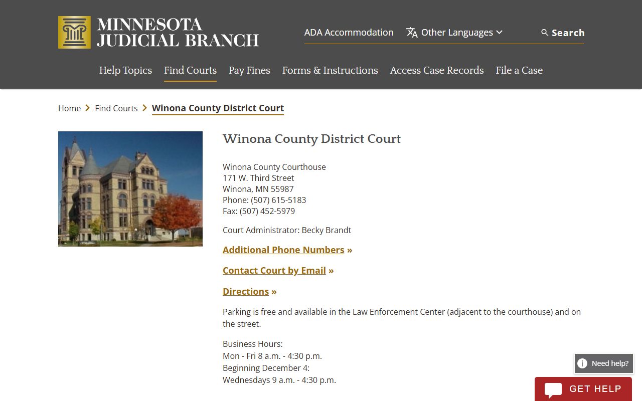 Winona County District Court page on mncourts.gov