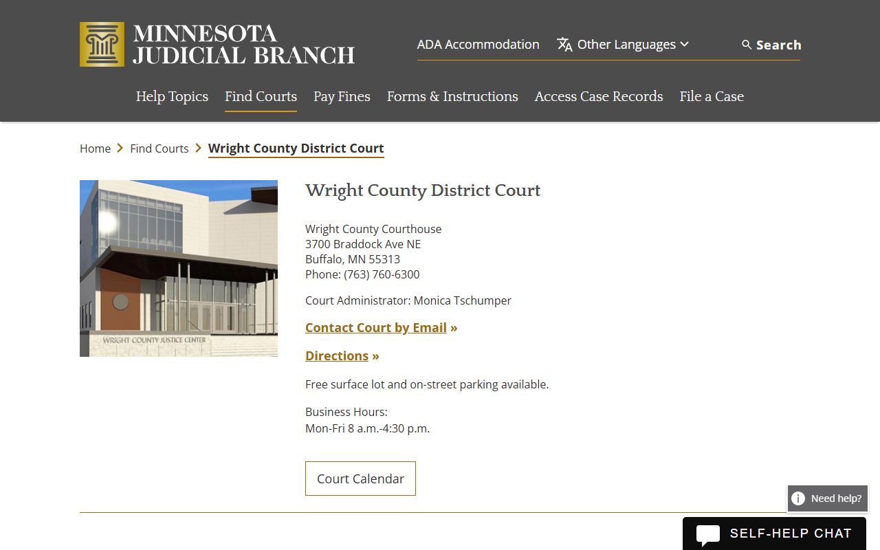 Wright County District Court website showing case records access and court information in Buffalo Minnesota