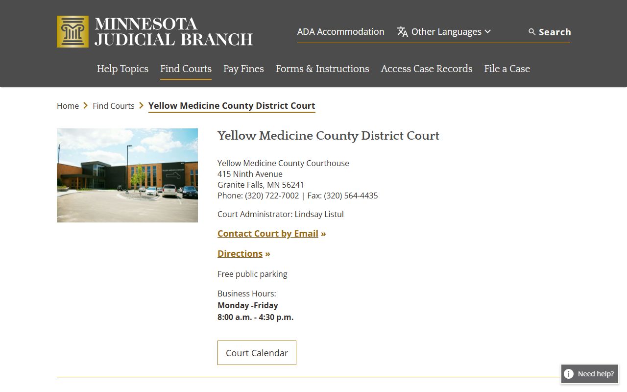 Yellow Medicine County District Court website showing case records access and court information in Granite Falls Minnesota